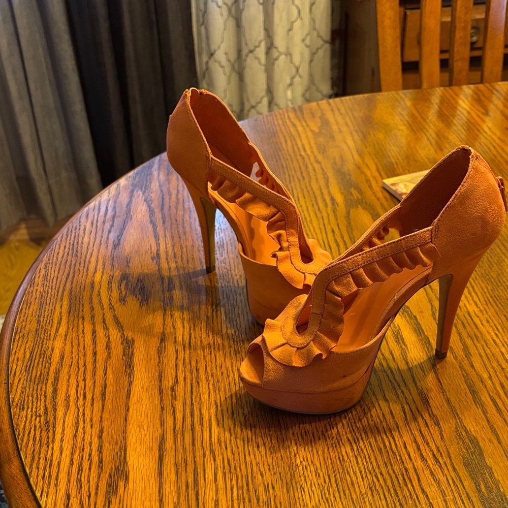 Elle Ruffled Tan Platform Stilettos
